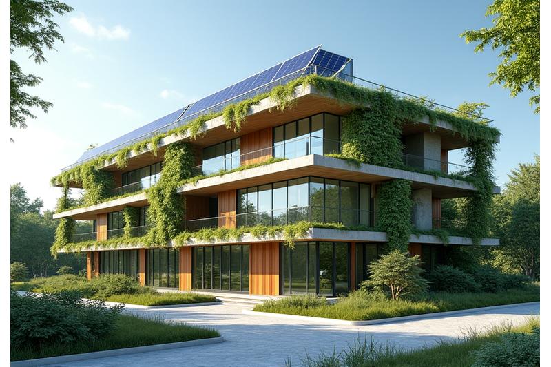 Modern, duurzaam gebouw met veel groen en zonnepanelen