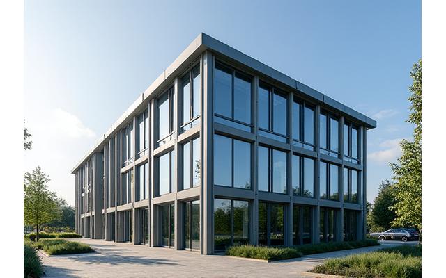 Moderne gevel van een duurzaam kantoorgebouw