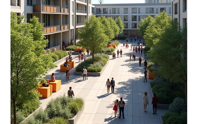 Levendig openbaar plein met zitjes, groen en moderne architectuur